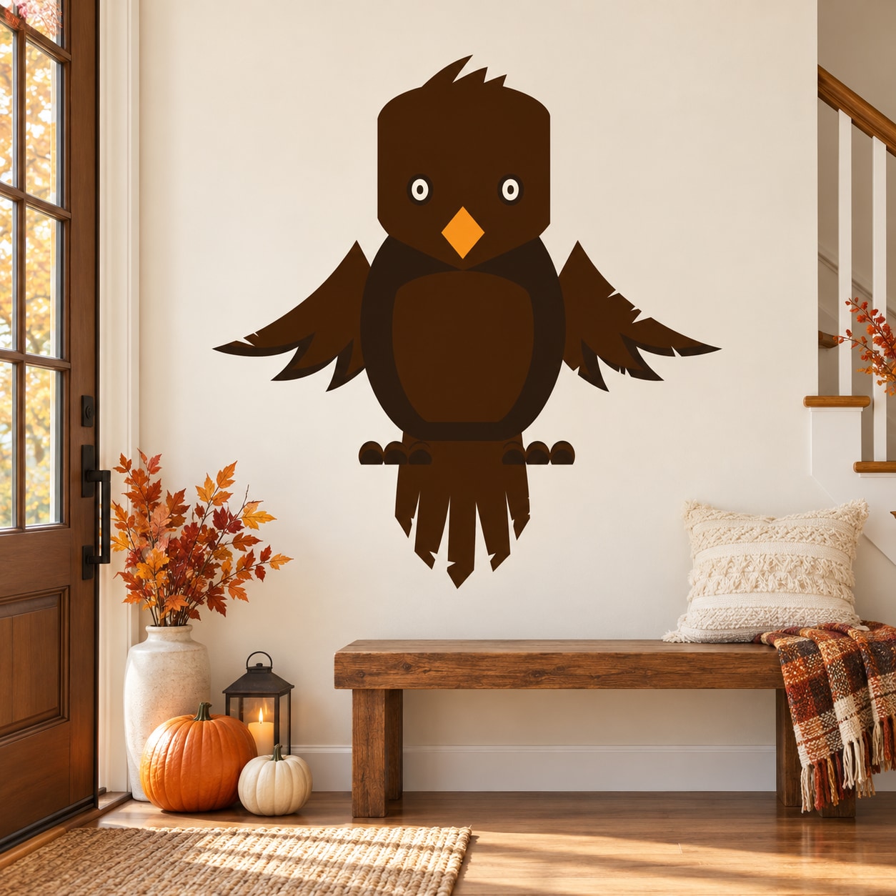 Brown owl die-cut decal with orange beak and white eyes, flat printed design