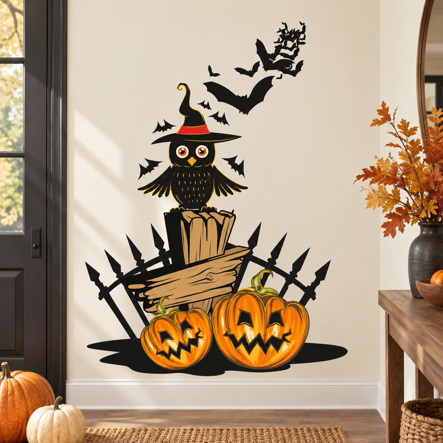 Owl on a grave printed die-cut decal with red hat and jack-o'-lanterns