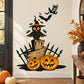 Owl on a grave printed die-cut decal with red hat and jack-o'-lanterns