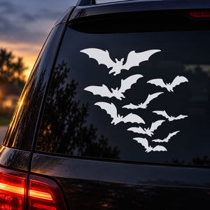 Bat group decal with clustered bat silhouettes on a dark car window