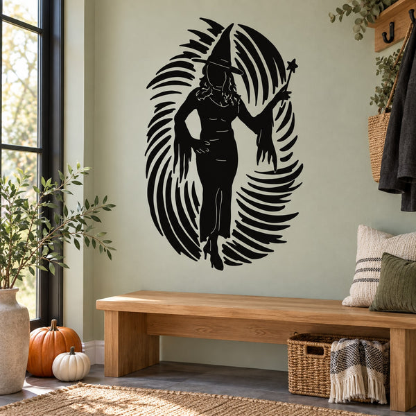 Halloween witch portal wall decal, black witch silhouette with swirling portal