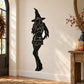 Black witch silhouette wall decal in a flirting pose, tall hat and long hair