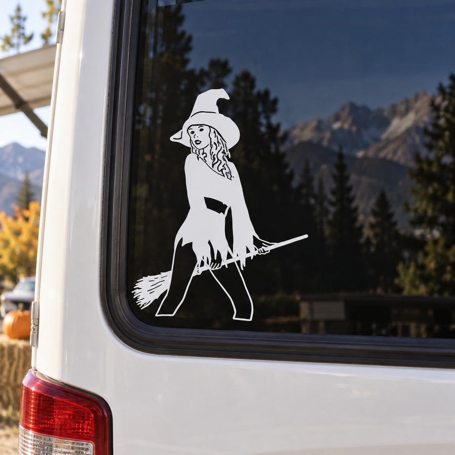 Black witch silhouette broom decal with white outline
