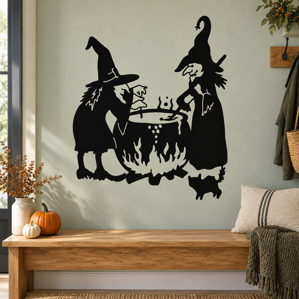 Black witches brewing decal with two witch silhouettes and bubbling cauldron flames