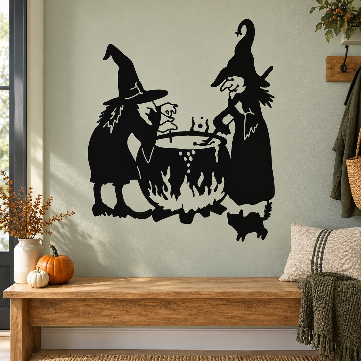 Black witches brewing decal with two witch silhouettes and bubbling cauldron flames