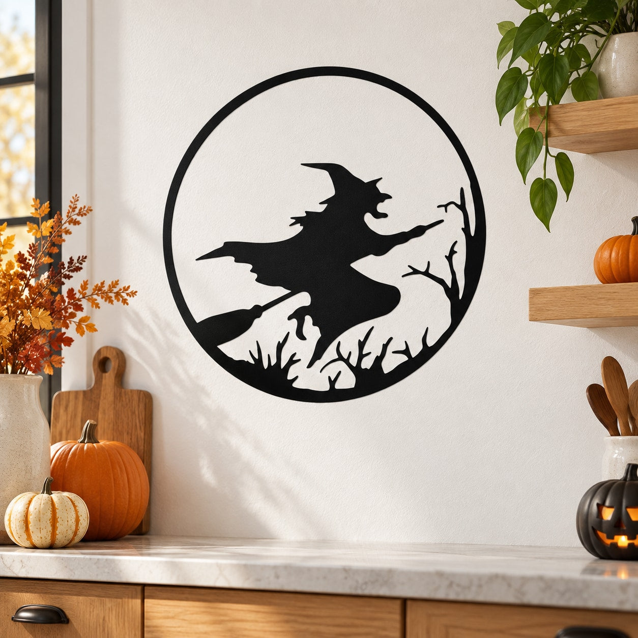 Black witch flying on broom wall decal inside a circular tree silhouette design