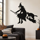 Witch riding broom wall decal with cat silhouette, black design