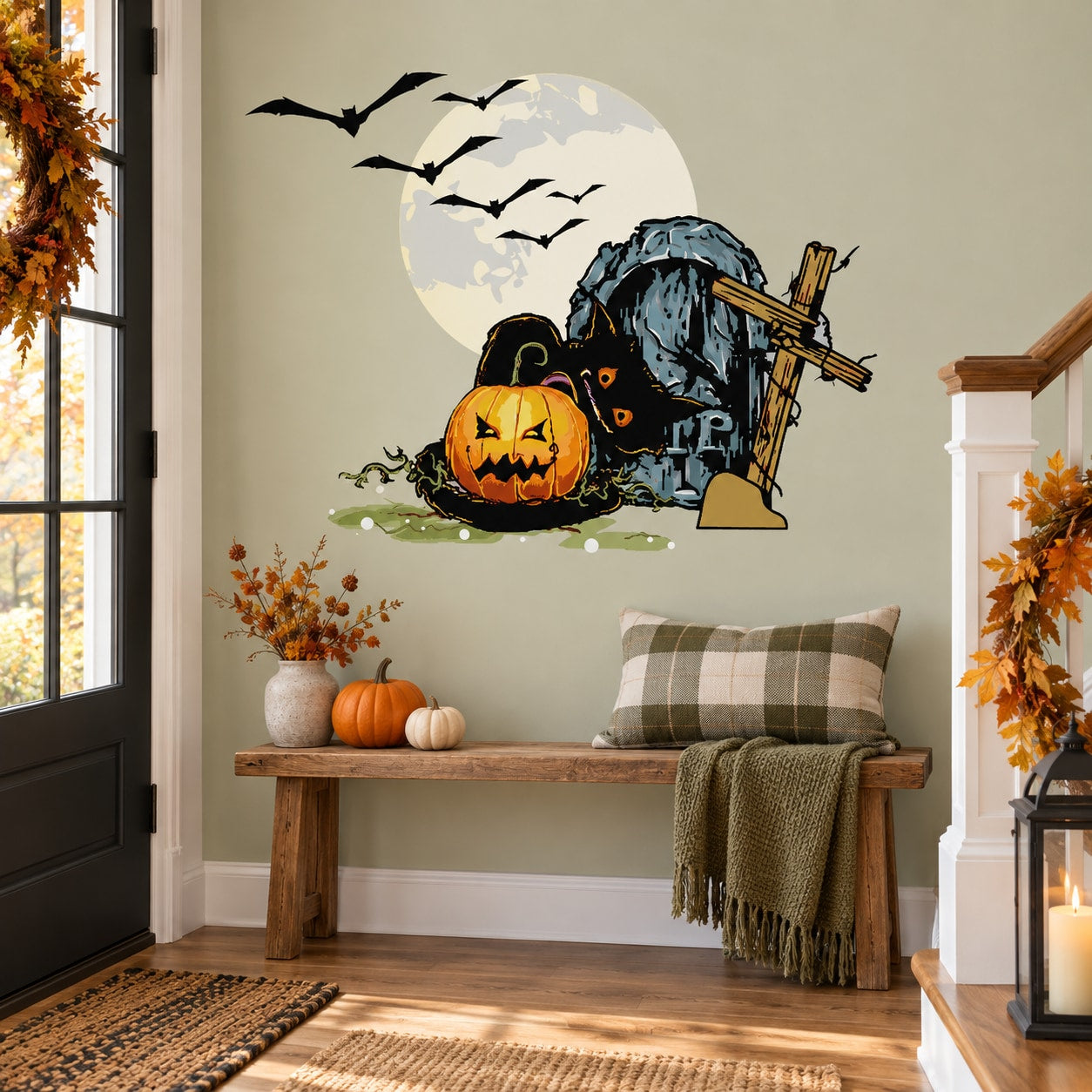 Halloween tombstone and full moon printed die-cut wall decal with bats and pumpkins
