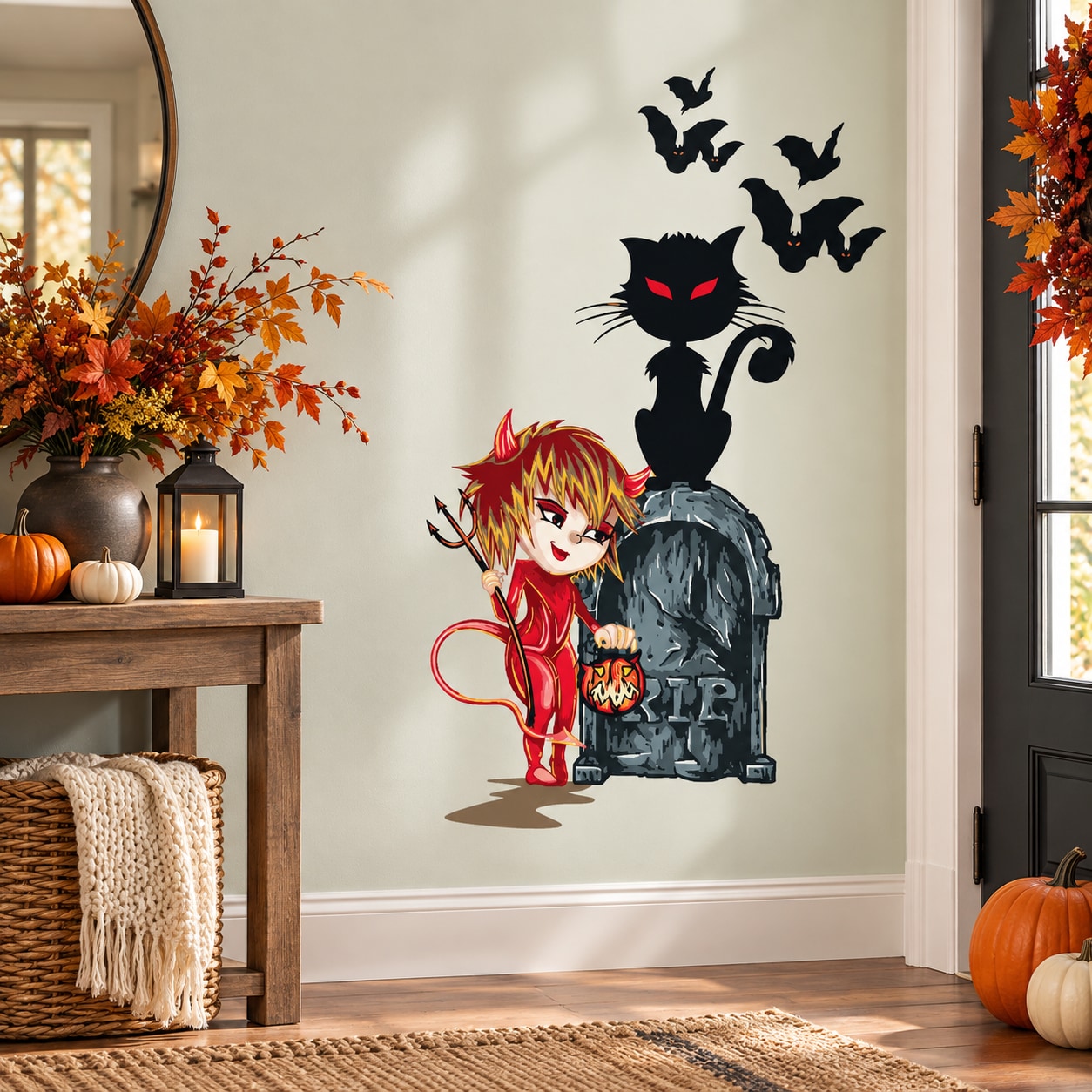 Halloween devil girl and black cat tombstone printed die-cut decal with bats