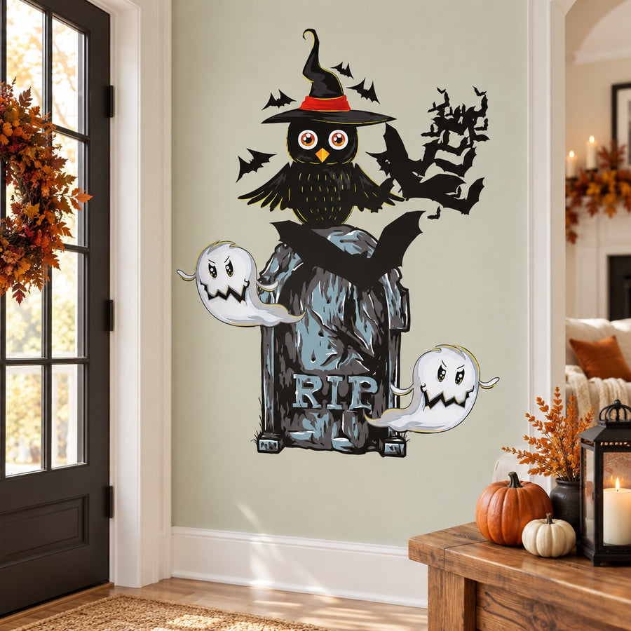 Halloween tombstone and owl die-cut decal with bats and ghosts, 'RIP' text