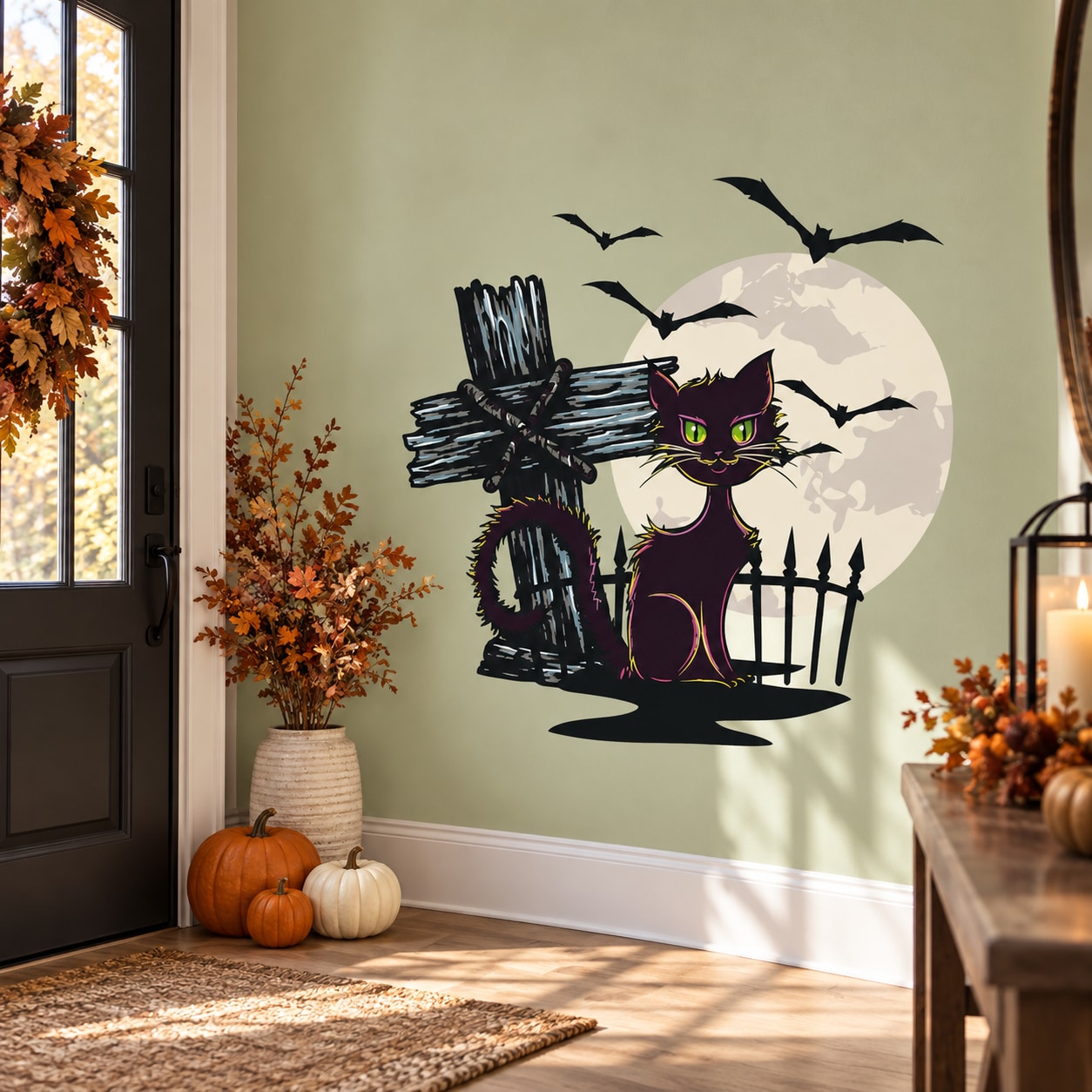 Halloween cat and bats wall decal with full moon and tombstones, die-cut graphic