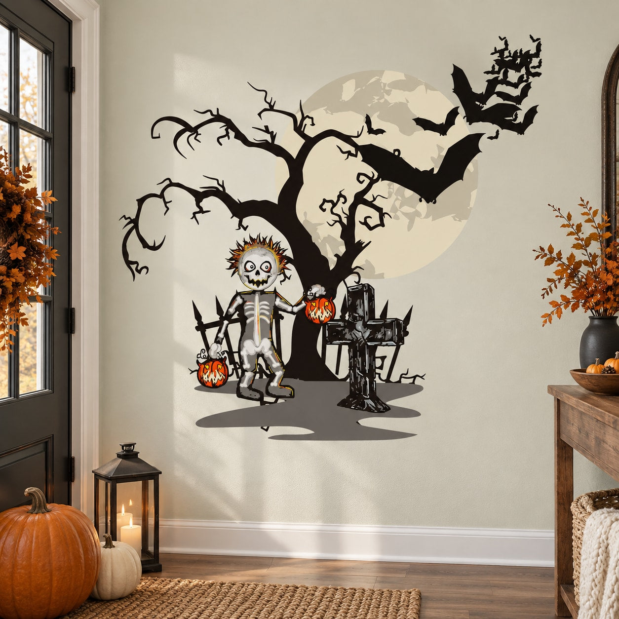 Halloween graveyard trick-or-treater printed die-cut decal with skeleton, tombs, pumpkins