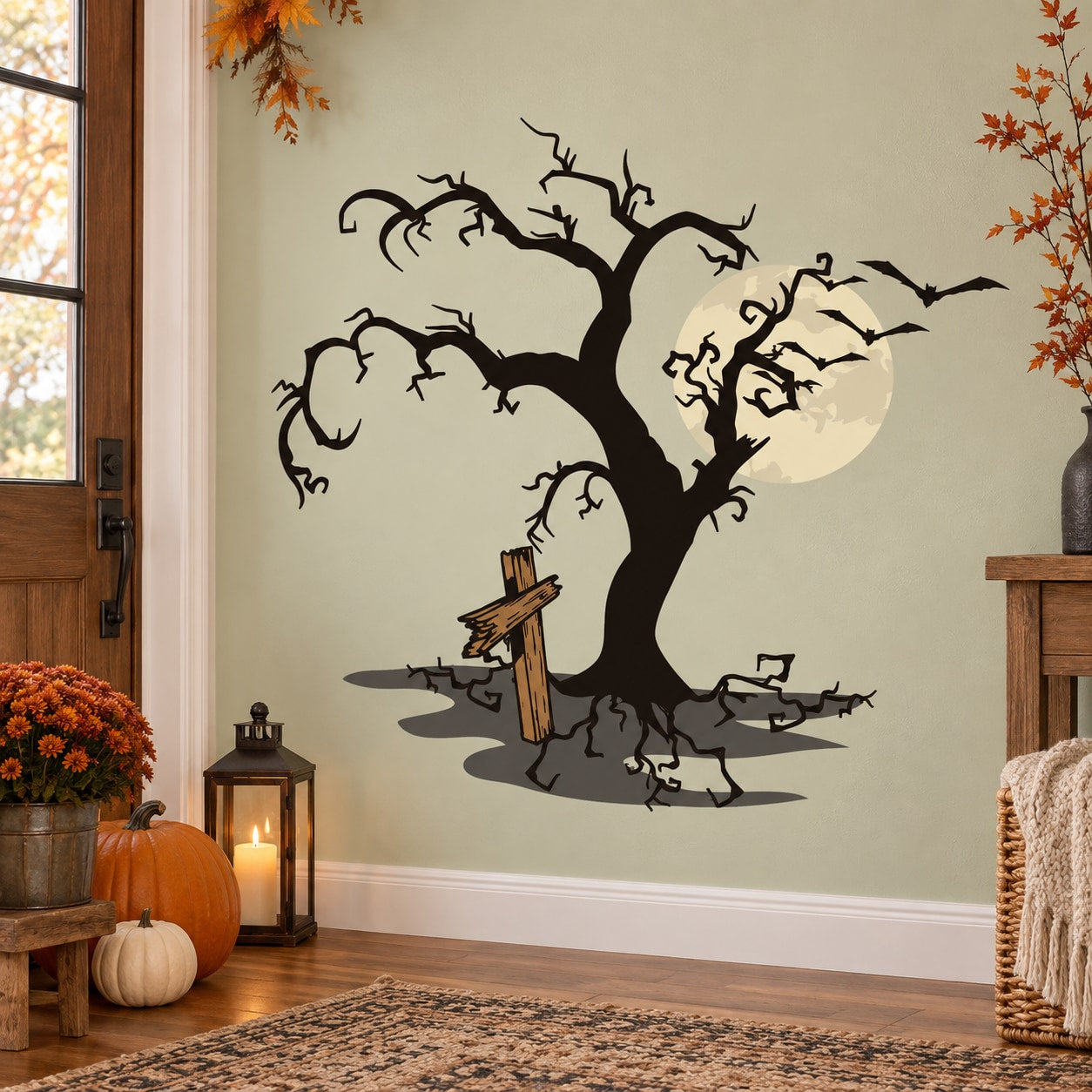 Spooky tree printed die-cut wall decal with crawling bats and branches silhouette