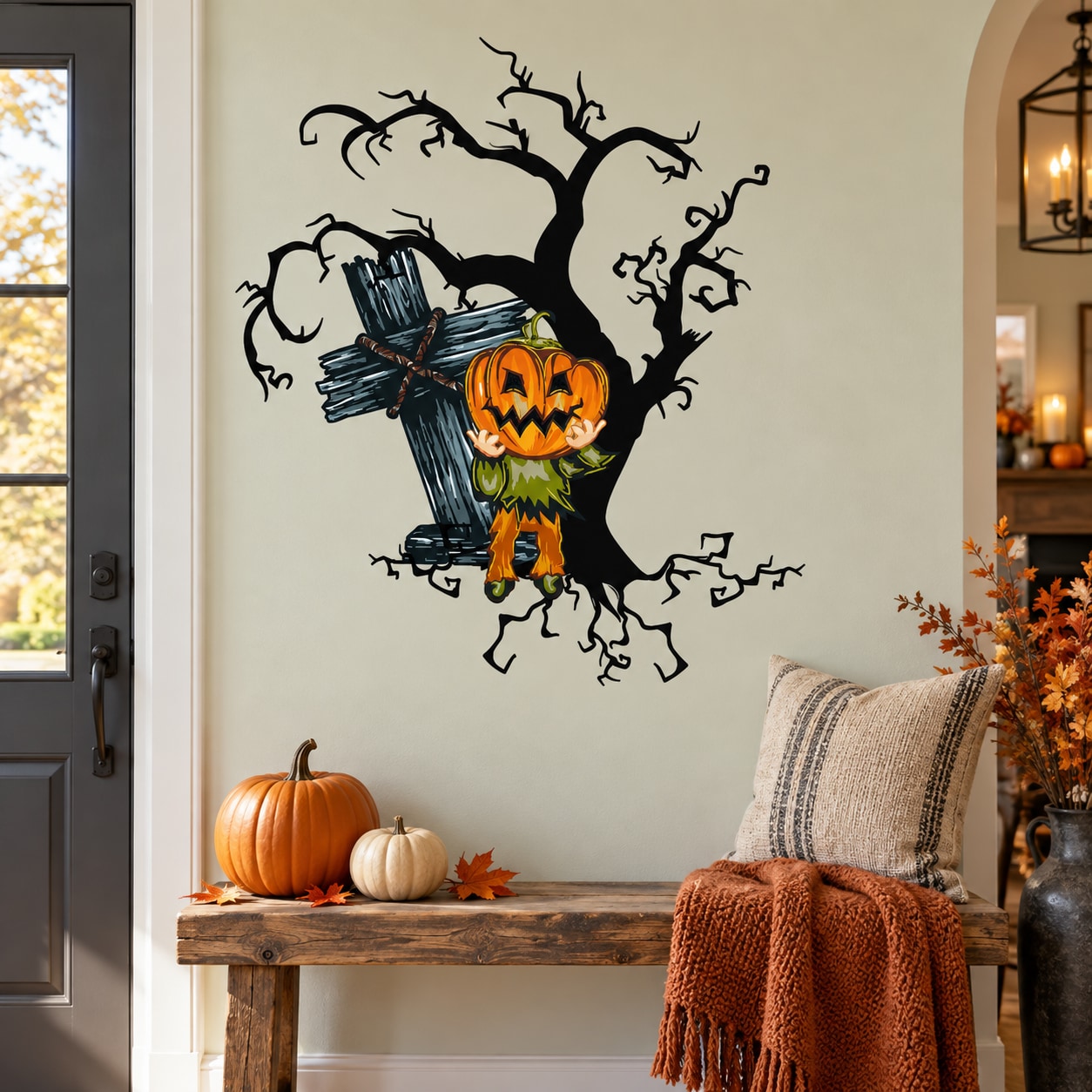 Halloween jack-o-lantern monster die-cut wall decal with spooky tree silhouette