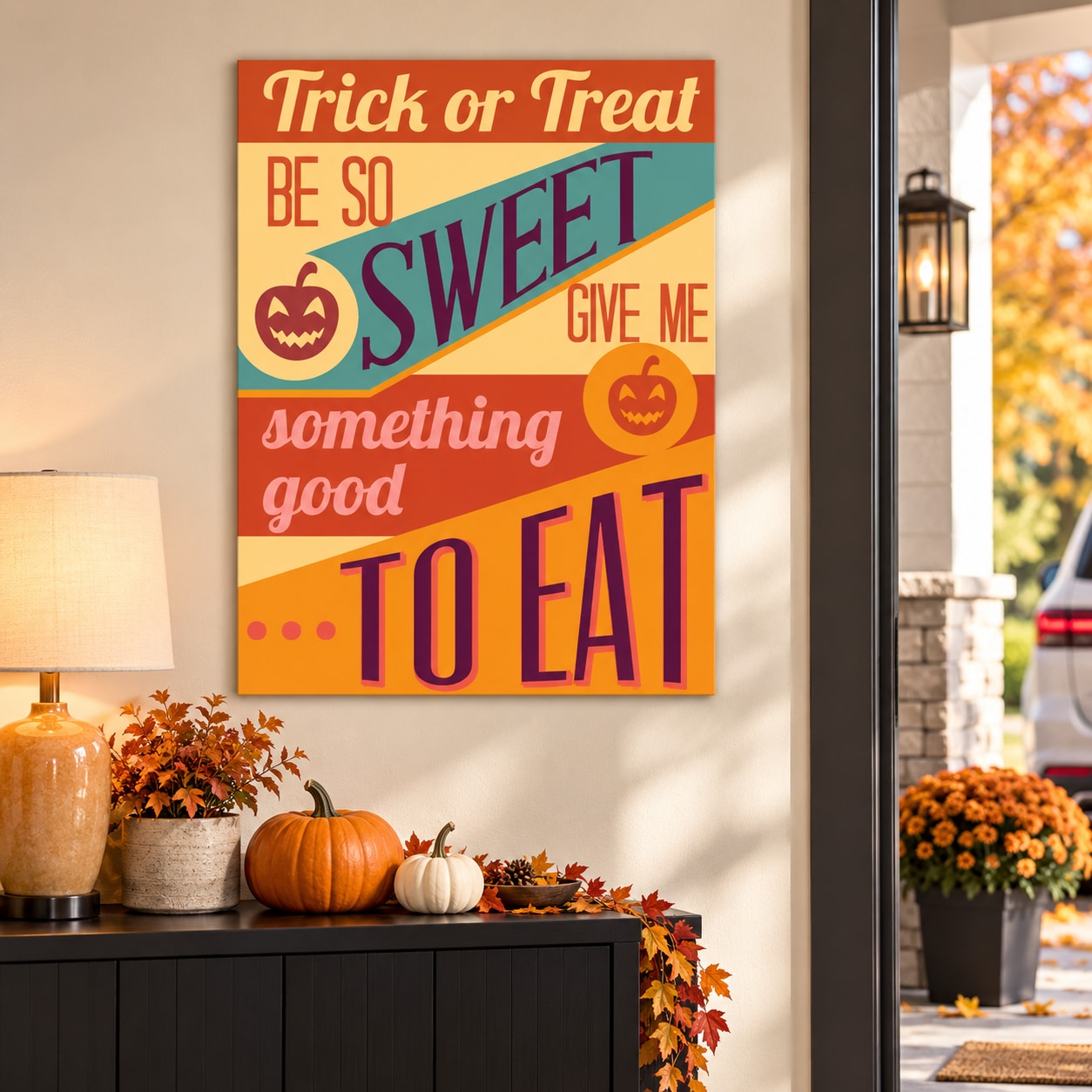 Halloween typographic sticker with orange, teal, purple text and pumpkin icons