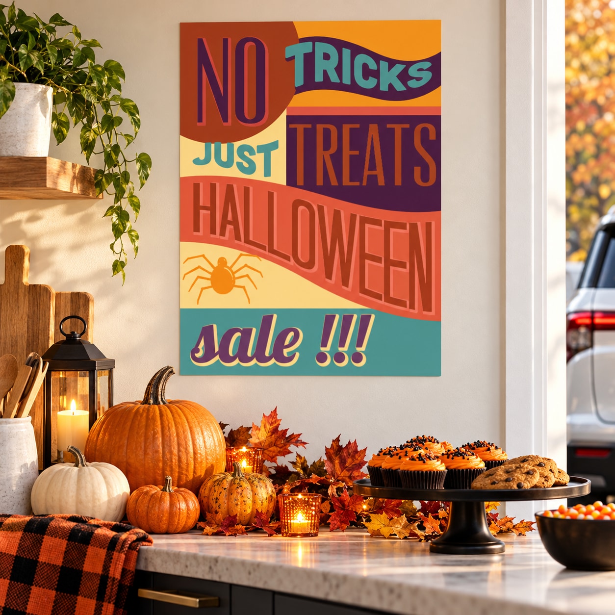 Halloween typographic sticker showing “NO TRICKS JUST TREATS” and “HALLOWEEN Sale!!!”