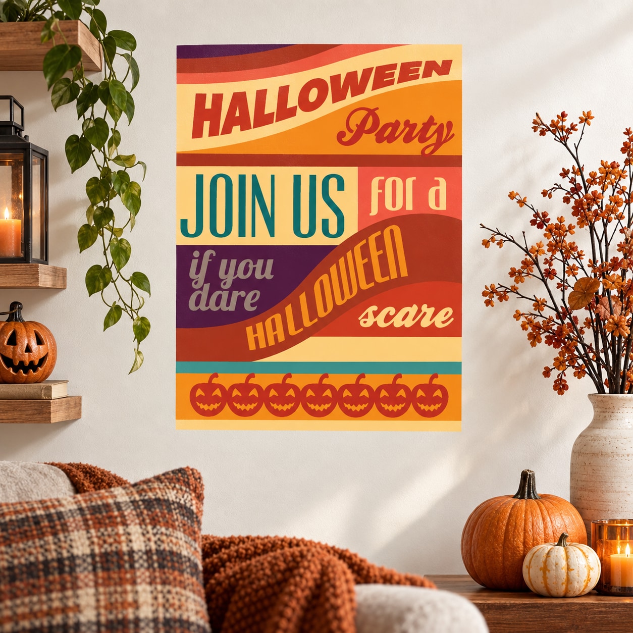 Halloween Party join us typographic sticker with orange, purple, teal striped background and colorful text
