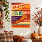 Halloween Party join us typographic sticker with orange, purple, teal striped background and colorful text