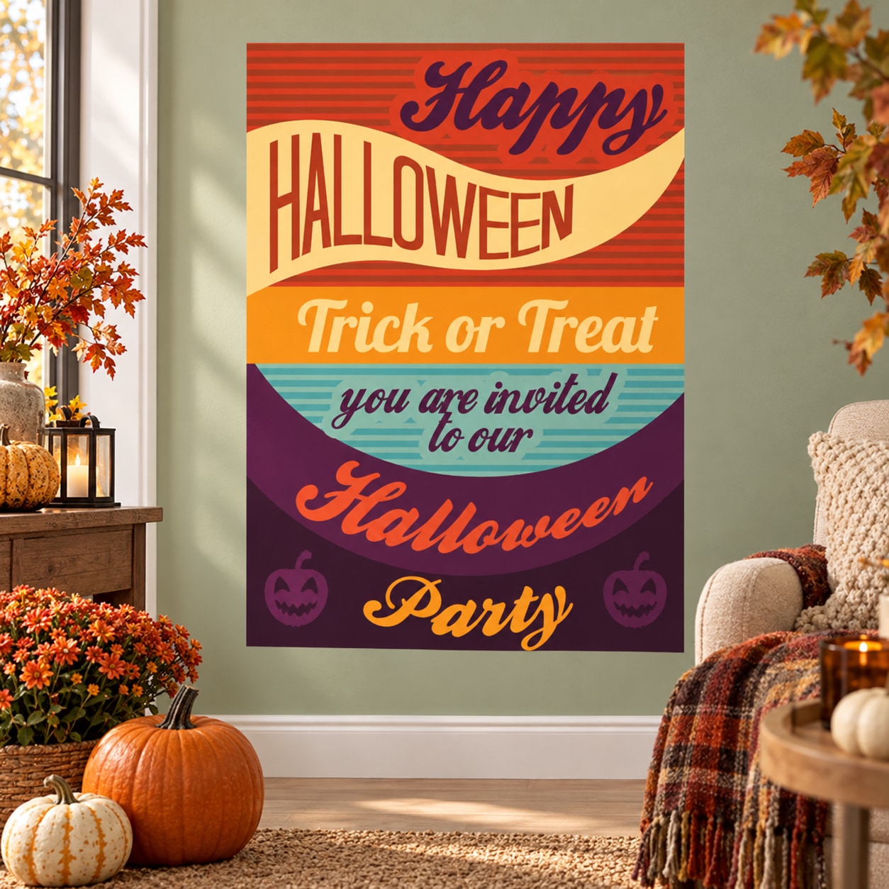 Halloween party sticker with Happy Halloween, Trick or Treat text and spooky icons