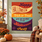 Halloween party sticker with Happy Halloween, Trick or Treat text and spooky icons