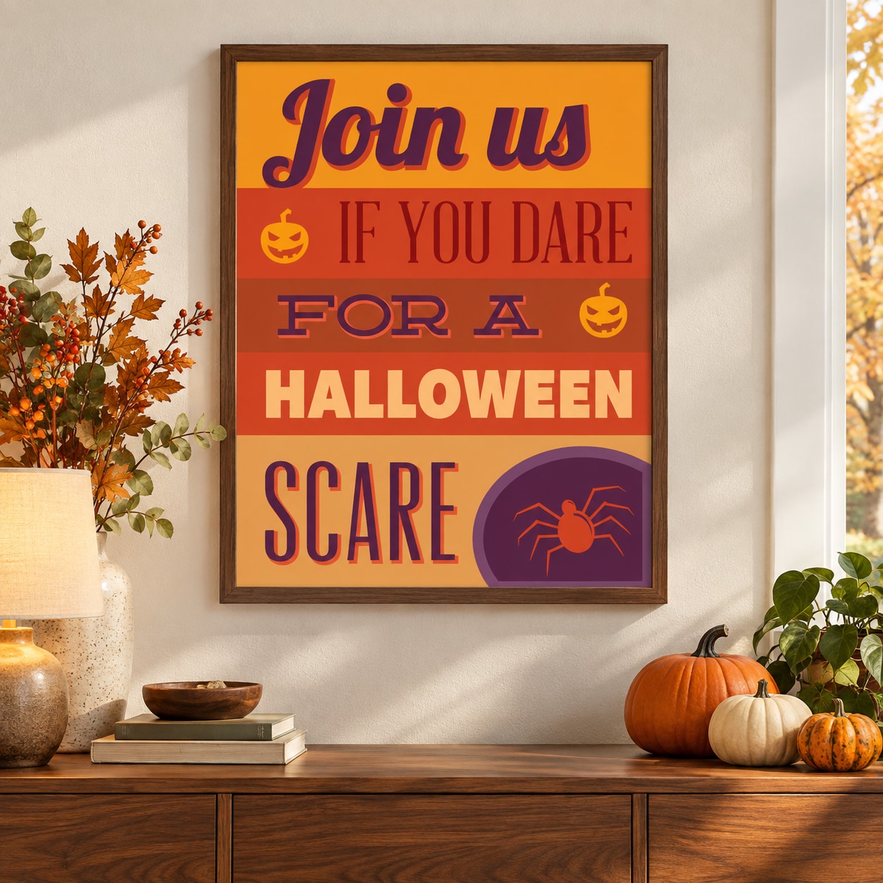 Halloween scare sticker: orange text “Join us if you dare” and spider icon