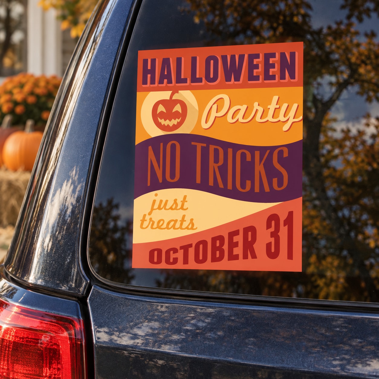 Halloween Party typographic sticker with jack-o-lantern, “No Tricks just treats,” Oct 31