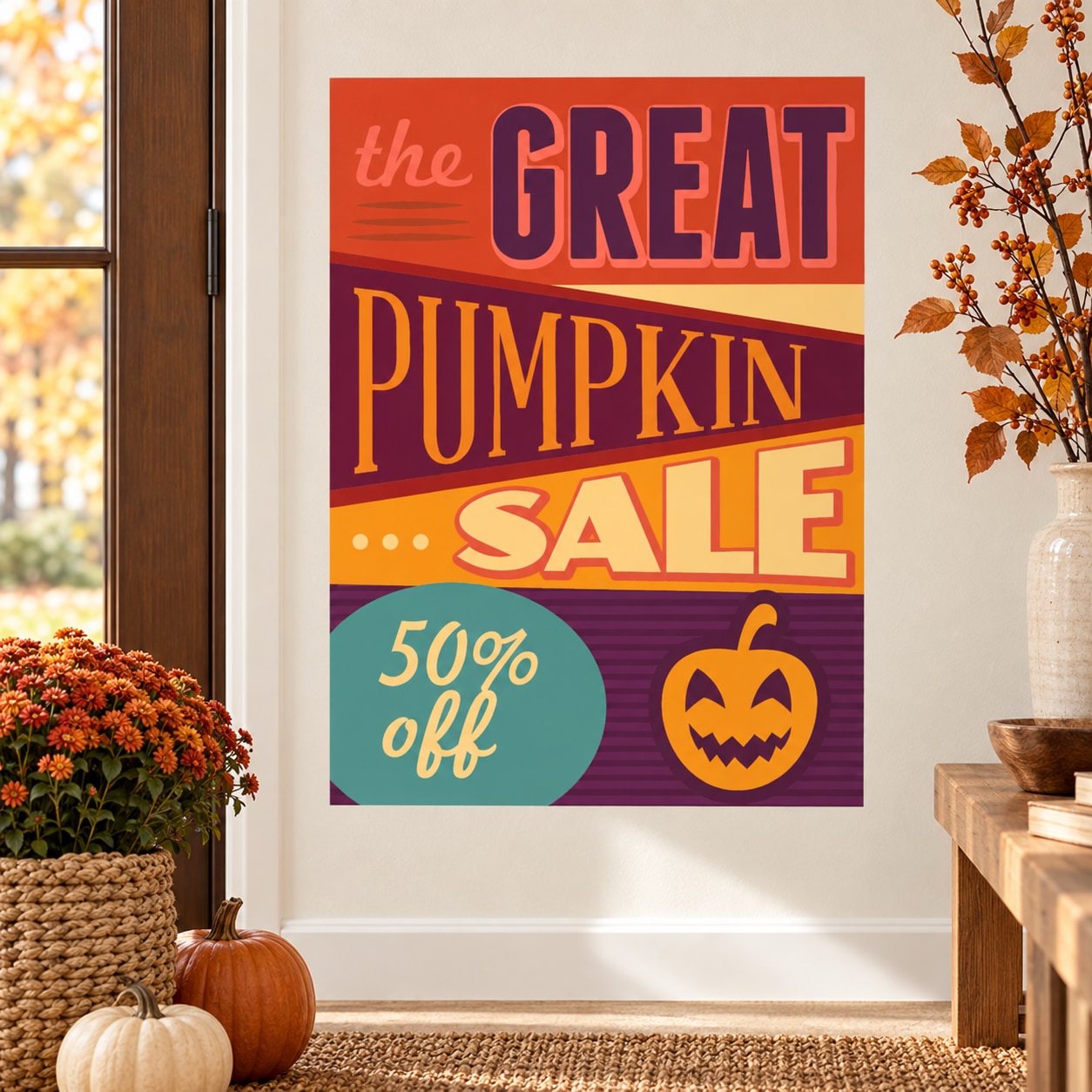 Halloween sale sticker with “the GREAT PUMPKIN SALE”, jack-o-lantern, and “50% off” text