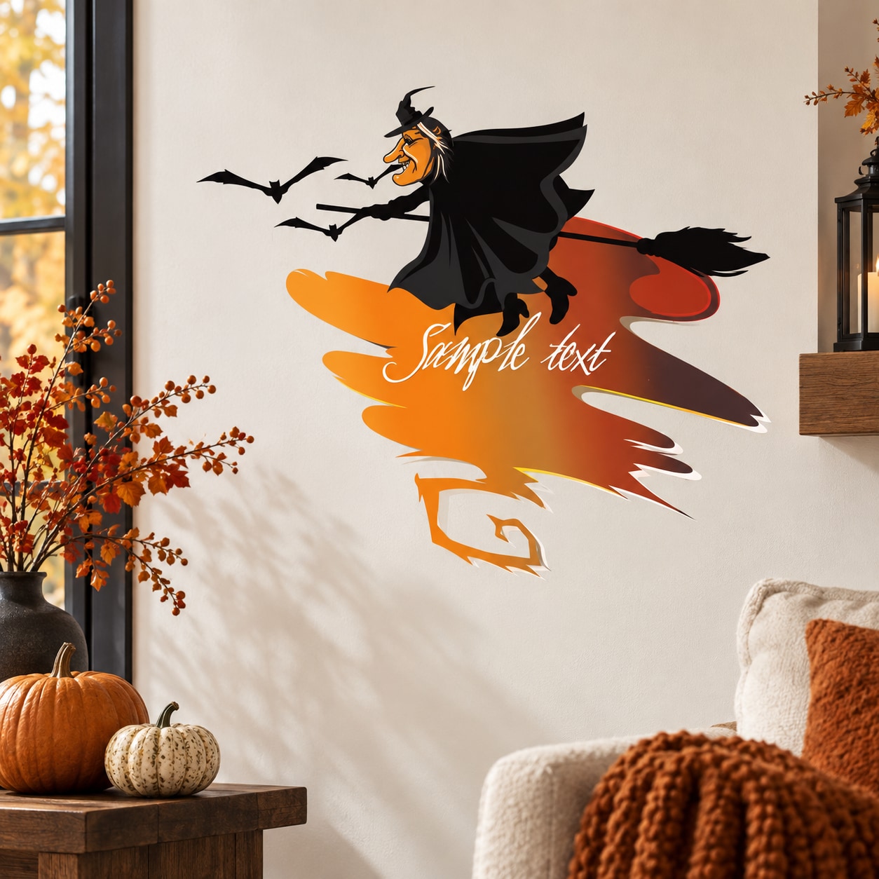 Halloween witch and broom sticker with bats and orange custom-style text