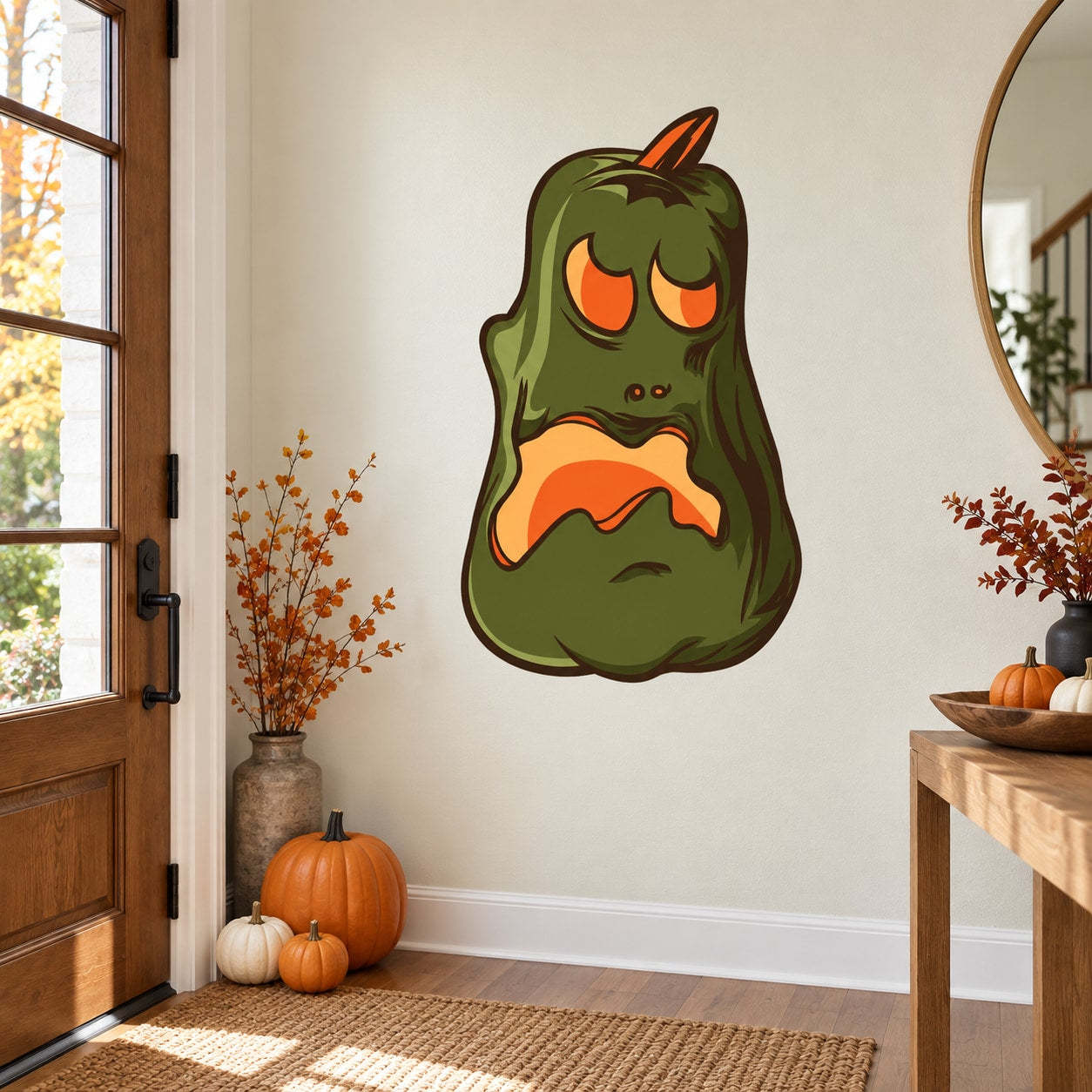 Halloween ghoul jack-o-lantern pumpkin decal with glowing orange eyes and mouth