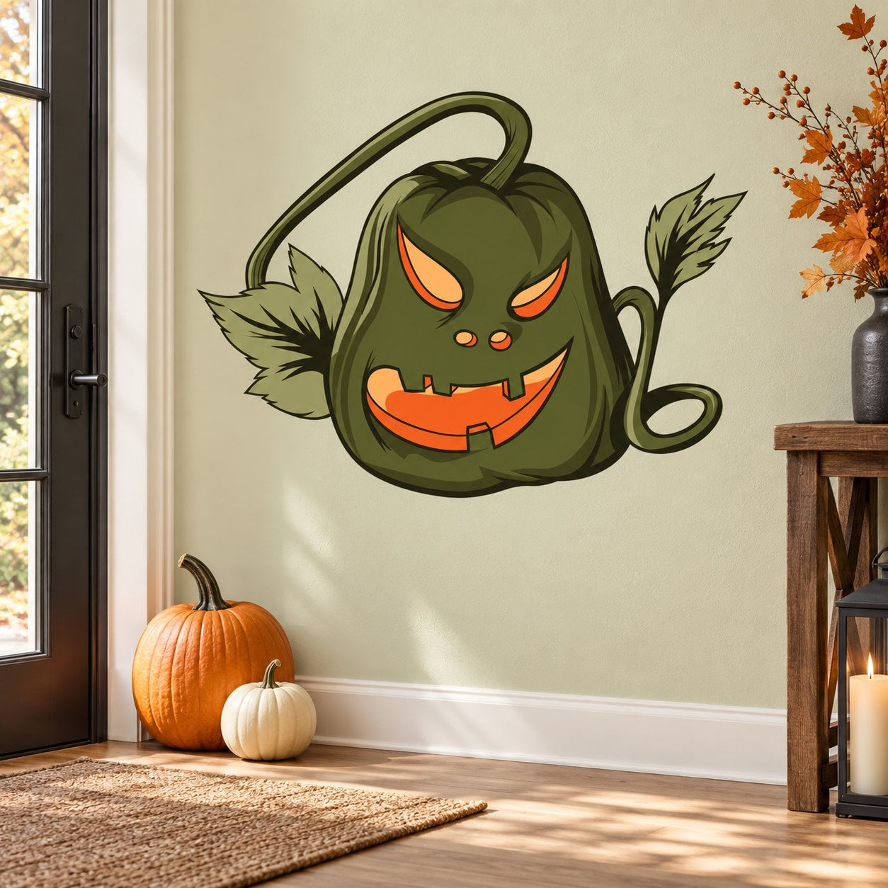 Halloween pumpkin decal with dark green vine pumpkin face, orange eyes, and grin