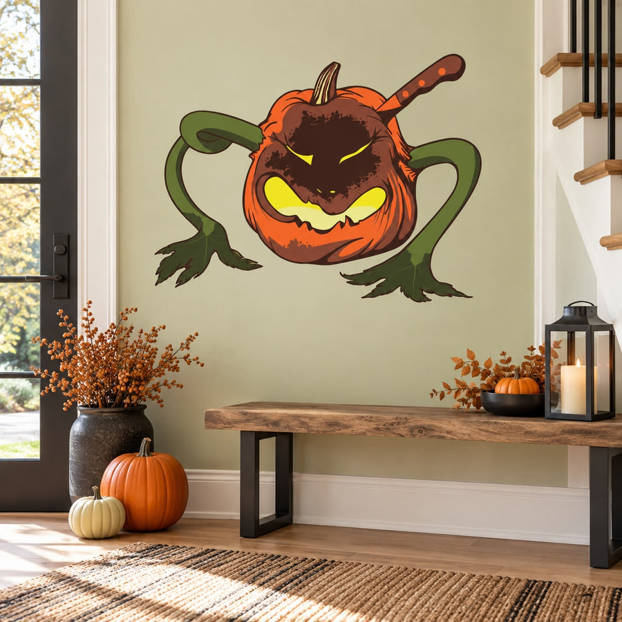 Crawling pumpkin die cut decal with cartoon orange pumpkin and green legs