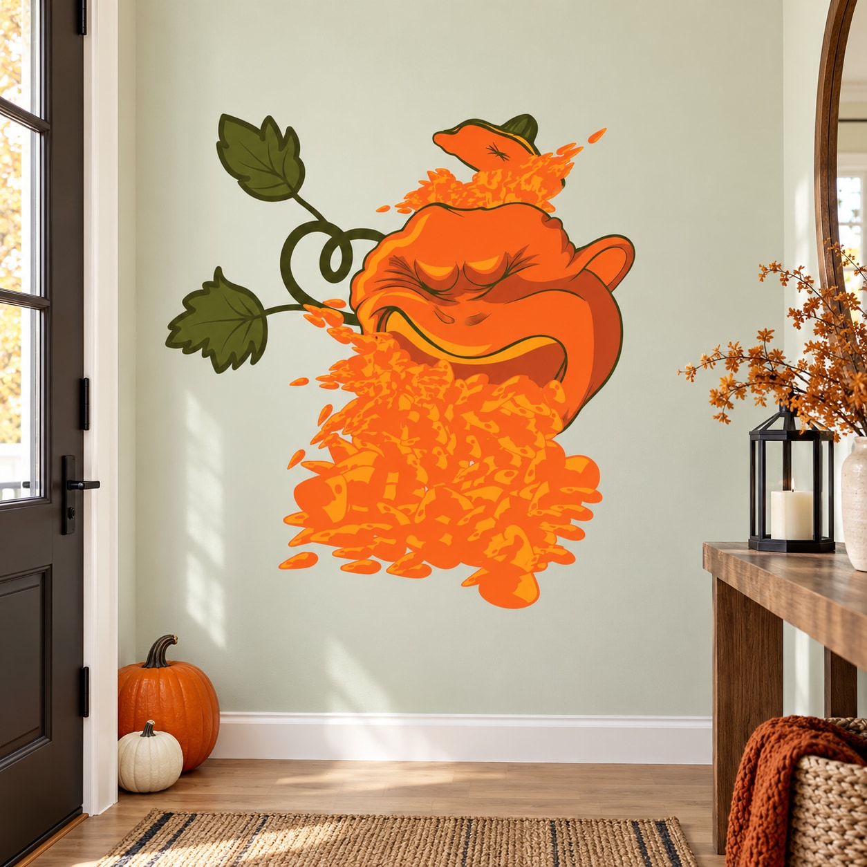 Orange pumpkin printed die-cut wall decal with green leaves and splatter accents