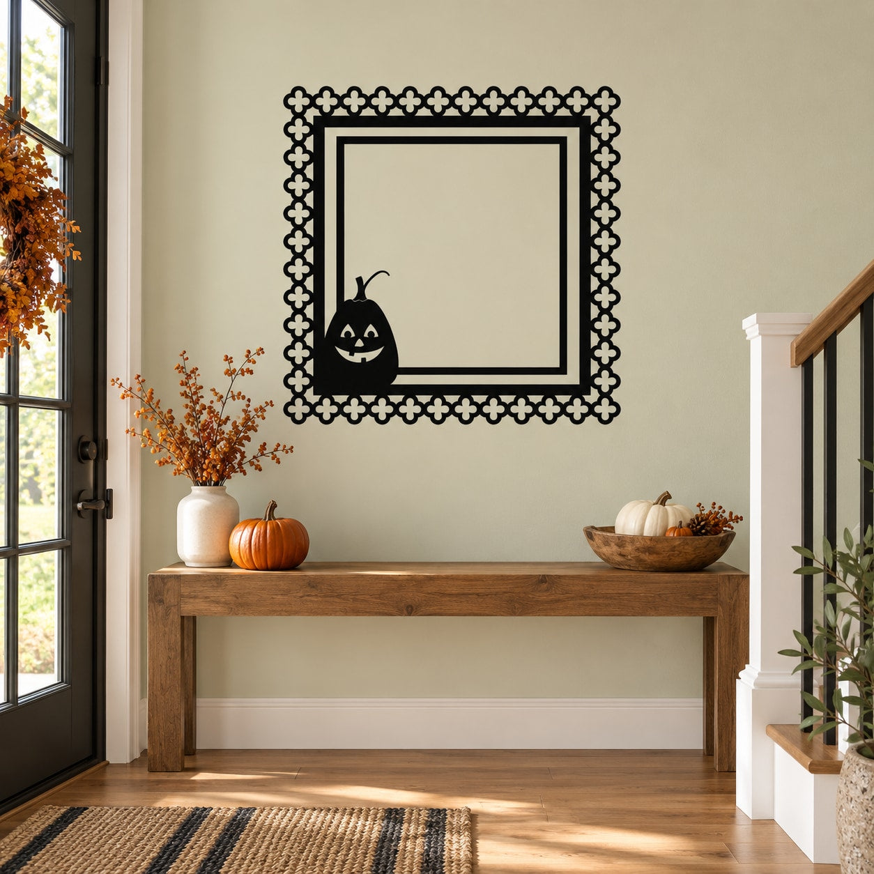 Halloween pumpkin frame decal with ornate border and jack-o’-lantern in center