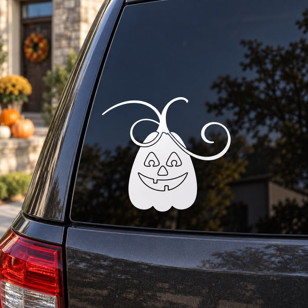 Halloween jack-o-lantern decal with curling wild-vine tendrils, white