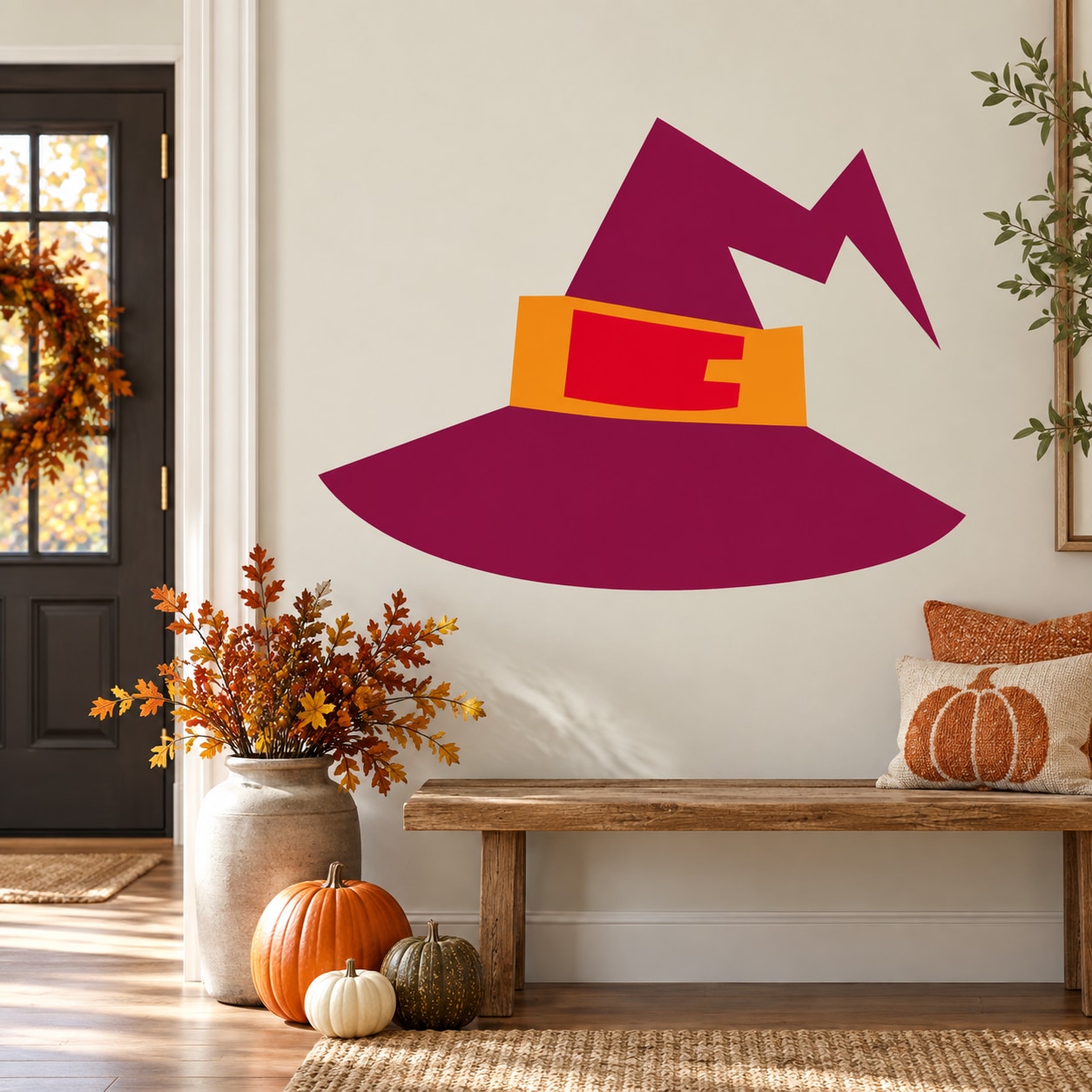 Burgundy witch hat wall sticker with red hat band and yellow buckle detail