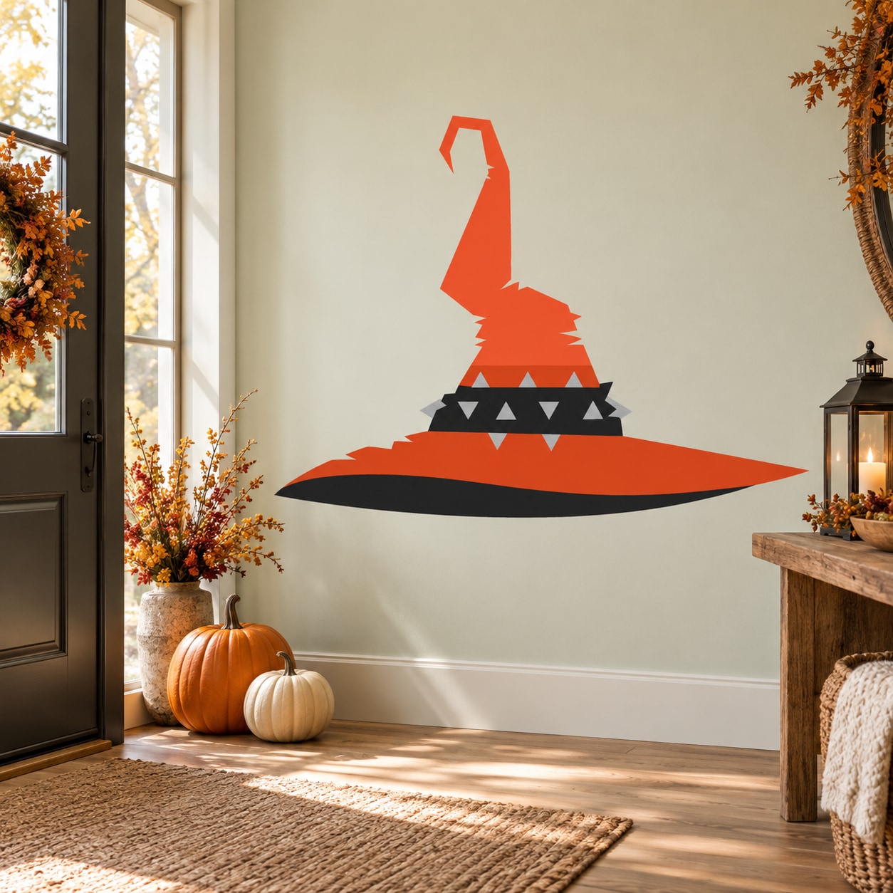 Orange witch spiky hat sticker with black band and gray brim