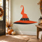 Orange witch spiky hat sticker with black band and gray brim