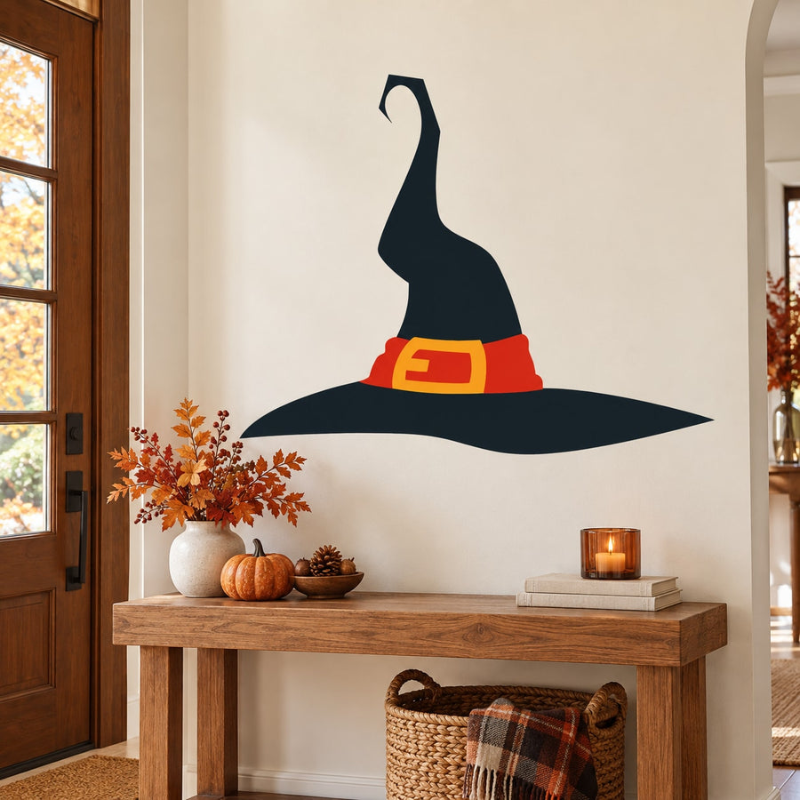 Black witch hat die-cut decal with red band and yellow buckle, standalone wall sticker