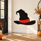 Black witch hat sticker with red band and tattered brim silhouette
