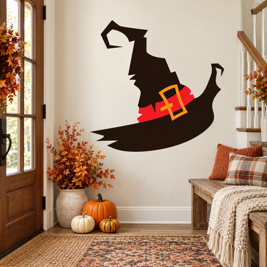 Weathered witch hat Halloween sticker with red band and yellow buckle