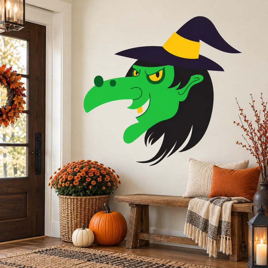 Halloween witch face sticker with oversized green nose and black hat, witchy expression