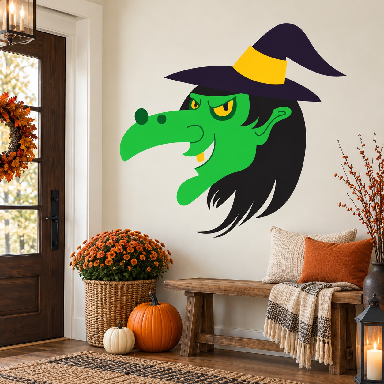 Halloween witch face sticker with oversized green nose and black hat, witchy expression