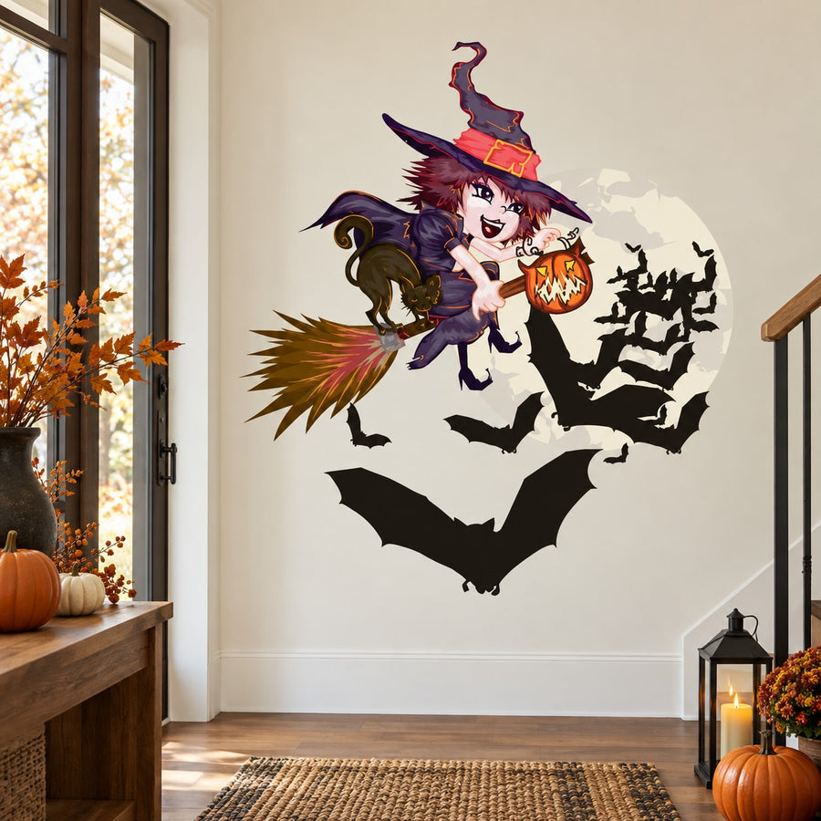 Colorful witch with bats and pumpkin die-cut wall decal sticker, black bat silhouettes