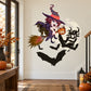 Colorful witch with bats and pumpkin die-cut wall decal sticker, black bat silhouettes