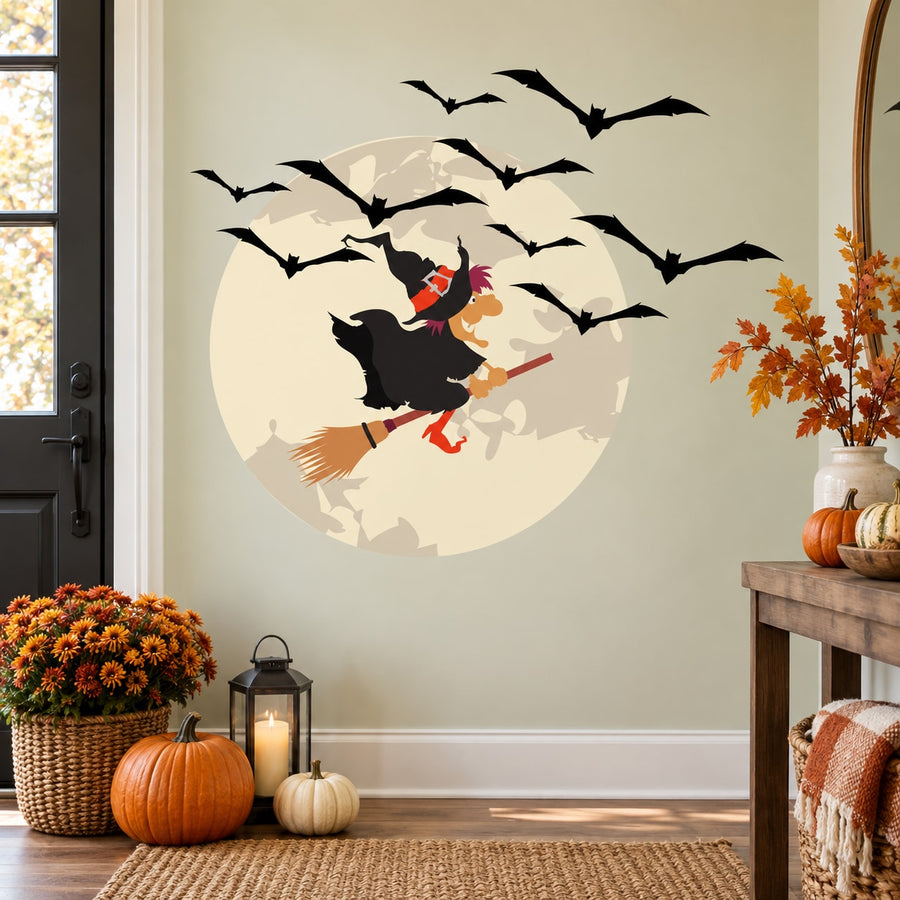 Full moon witch printed die-cut decal with flying bats silhouette and broom