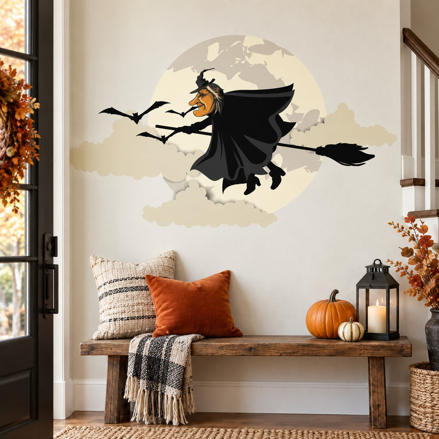 Halloween witch flying sticker on full moon with bats silhouette