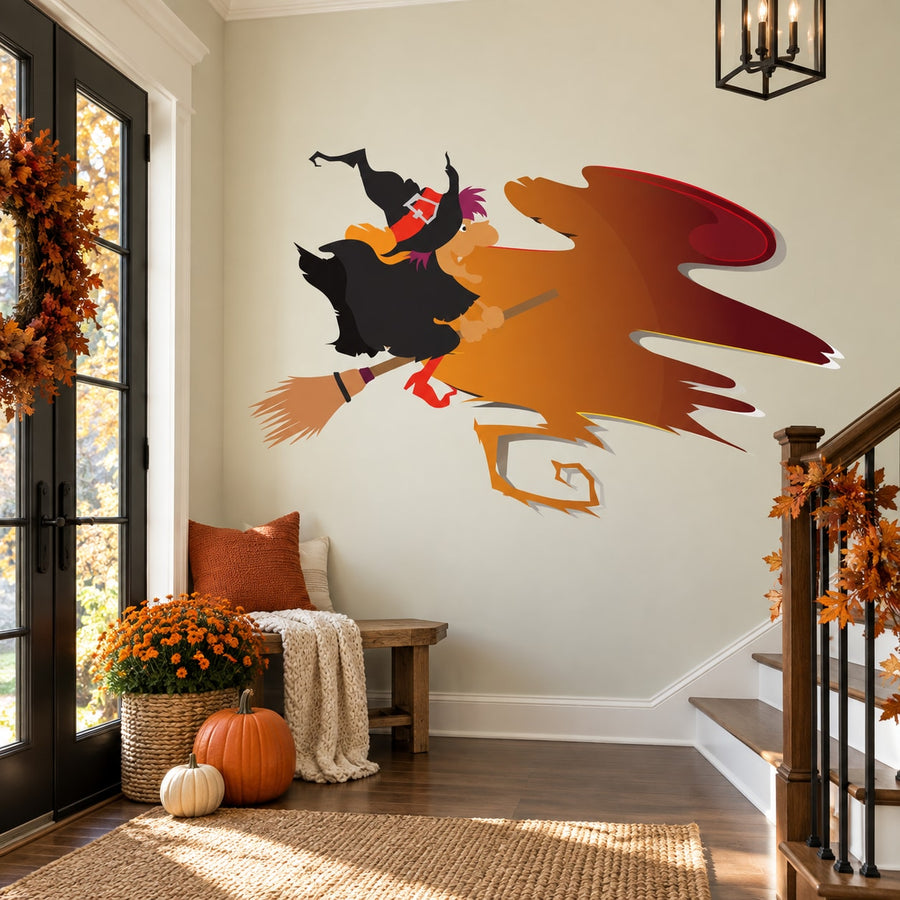 Halloween witch riding broom sticker with black hat and flying witch silhouette