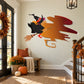 Halloween witch riding broom sticker with black hat and flying witch silhouette