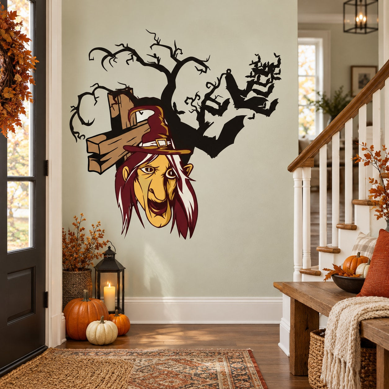 Halloween witch sticker with tombstone and bats silhouette in black and orange