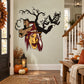 Halloween witch sticker with tombstone and bats silhouette in black and orange